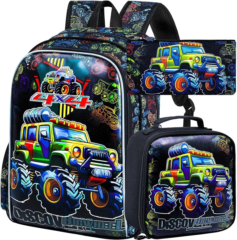 AGSDON 3PCS Kids Backpack for Boys, Trucks Bookbag with Lunch Box for Kids 6-8 Preschool Kindergarten Elementary