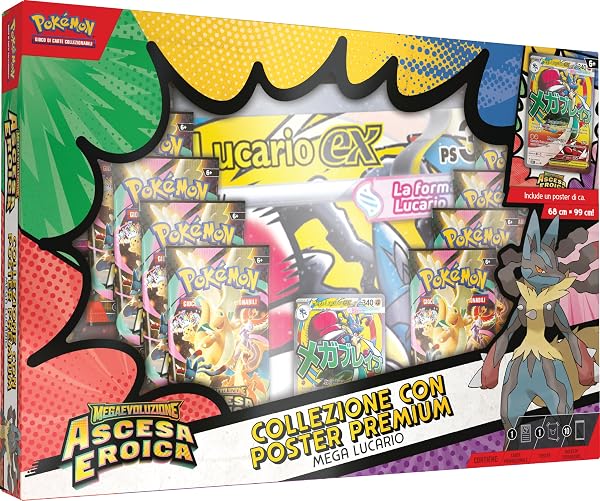 Pokémon: collezione con poster premium Mega Lucario dell’espansione Megaevoluzione - Ascesa Eroica del GCC Pokémon (una carta promozionale olografica, un poster fronte-retro e 10 buste di espansione) - 1