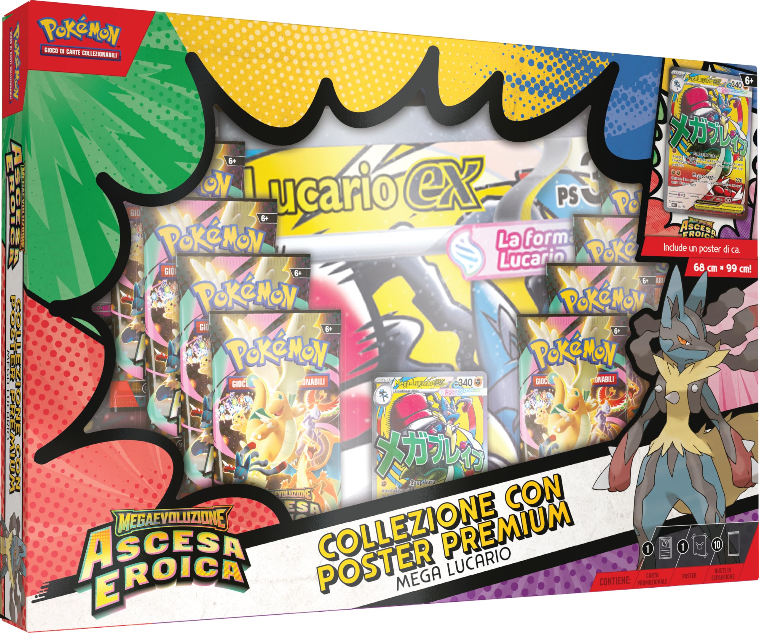 Pokémon: Mega Lucario Expansion Expansion MegaEvolution Collection - Heroiczne powstanie GCC Pokémon (holograficzna karta promocyjna, plakat dwustronny i 10 rozszerzeń)