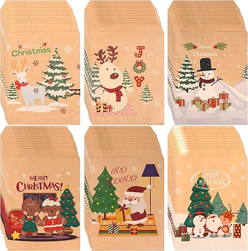 Kolewo4ever 240 bolsas de papel kraft de Navidad con árbol de Navidad, Papá Noel, impresiones de alce, bolsas de regalo de aperitivos de Navidad,