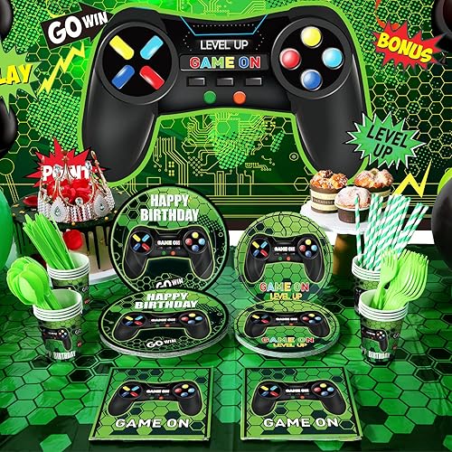 Miniatura 4 de Tatuo 152 piezas de suministros para fiesta de cumpleaños de videojuegos, cubierta de mesa para fiesta de jugadores, telón de fondo de feliz
