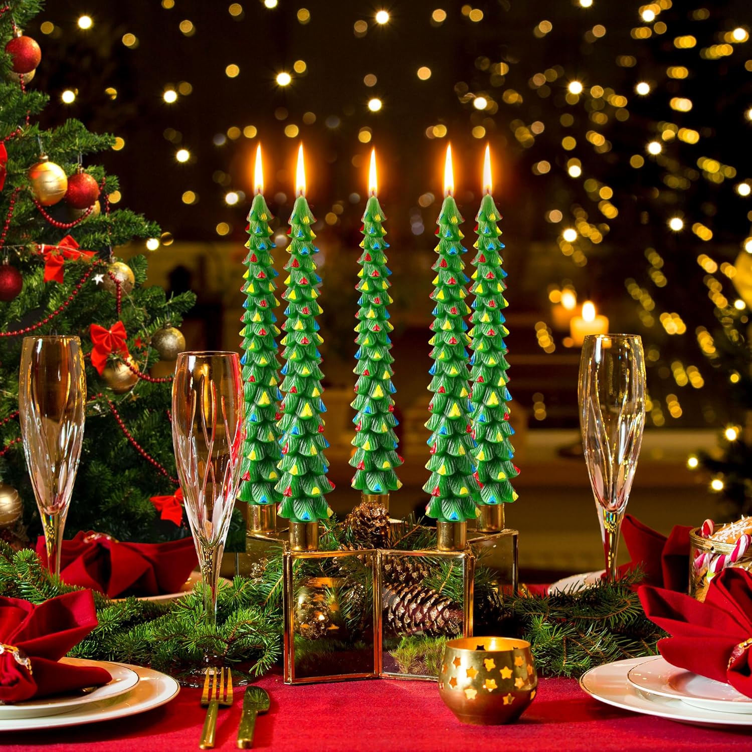 8 Pack Christmas Tree Candles, 10 Inch Pure Beeswax Christmas Tree Shaped Taper Candles for Xmas Holiday Decor, Advent Party Banquet Centerpiece Decoration(Green with Multicolor Trim)