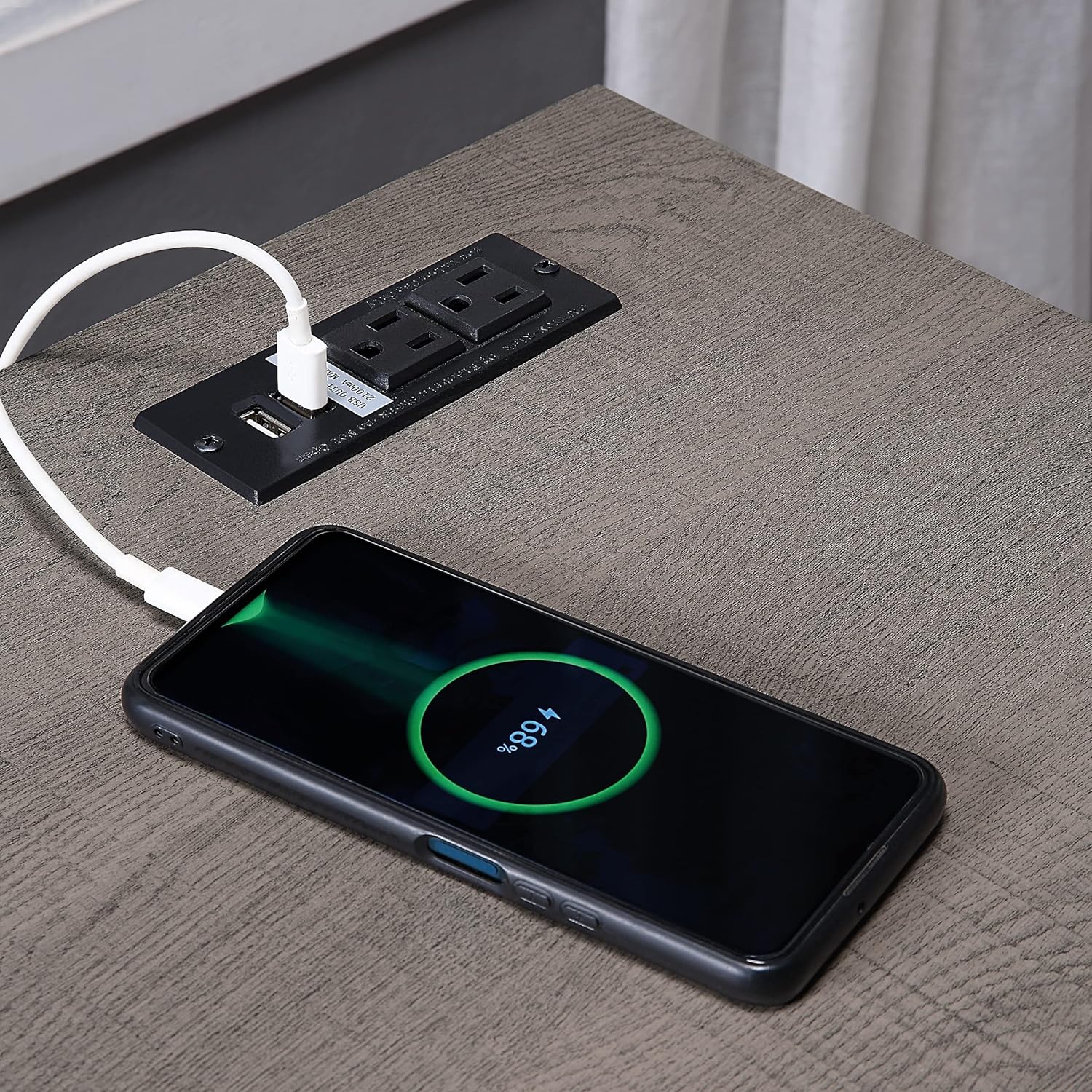 OSP Home Furnishings Hagney Lane L-Shape Desk with AC and USB Power Hub and Storage, Farm Oak