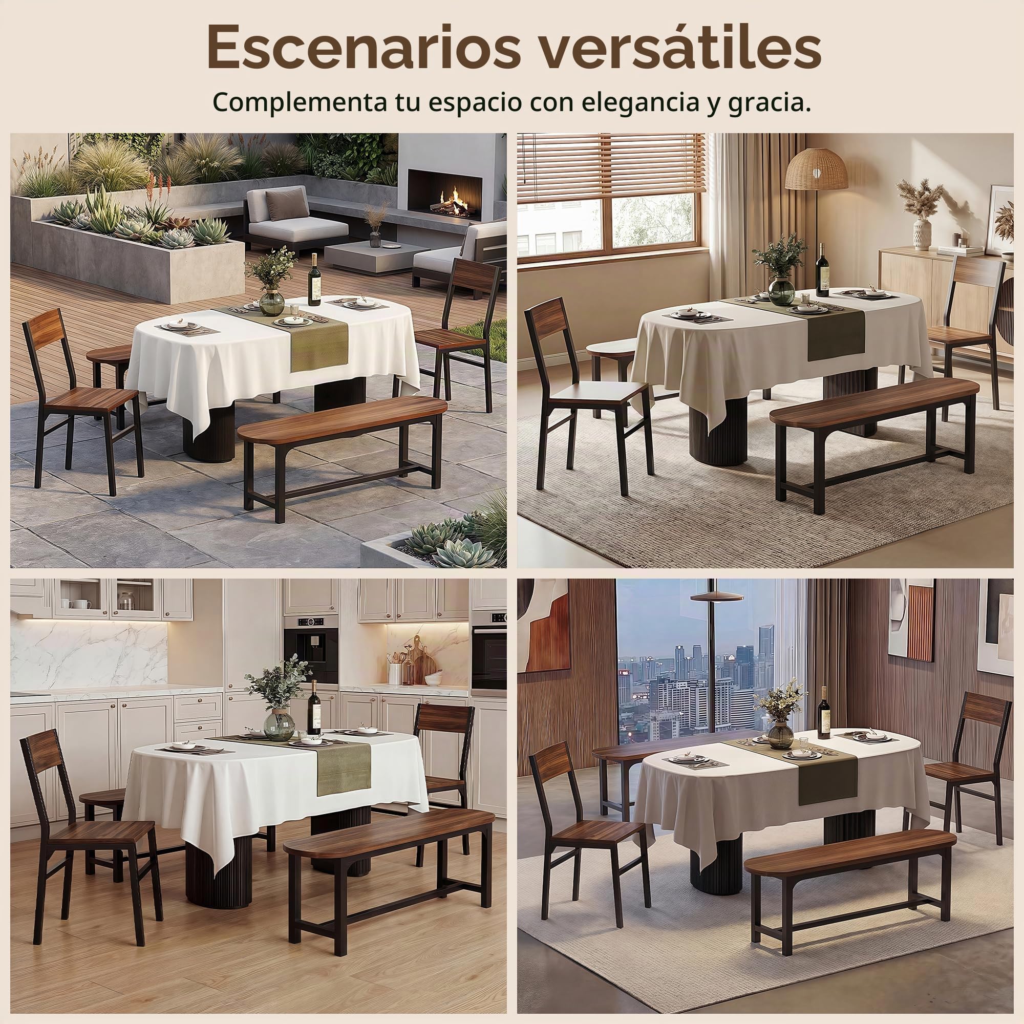 FEONASE Sillas de Comedor Pack 4, 2 Sillas Ergonómicas y 2 Bancos, MDF y Estructura Metálica, Sillas de Cocina para Hogar, Apartamento o Espacios Reducidos, Color Nogal