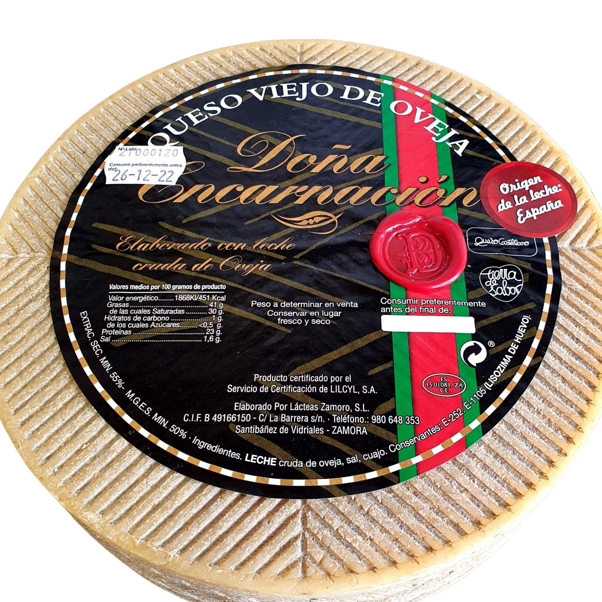 Queso de Oveja Doña Encarnación - Queso Viejo de Oveja - Peso Aproximado 3 Kilos - Queso Curado Elaborado con Leche Cruda de Oveja