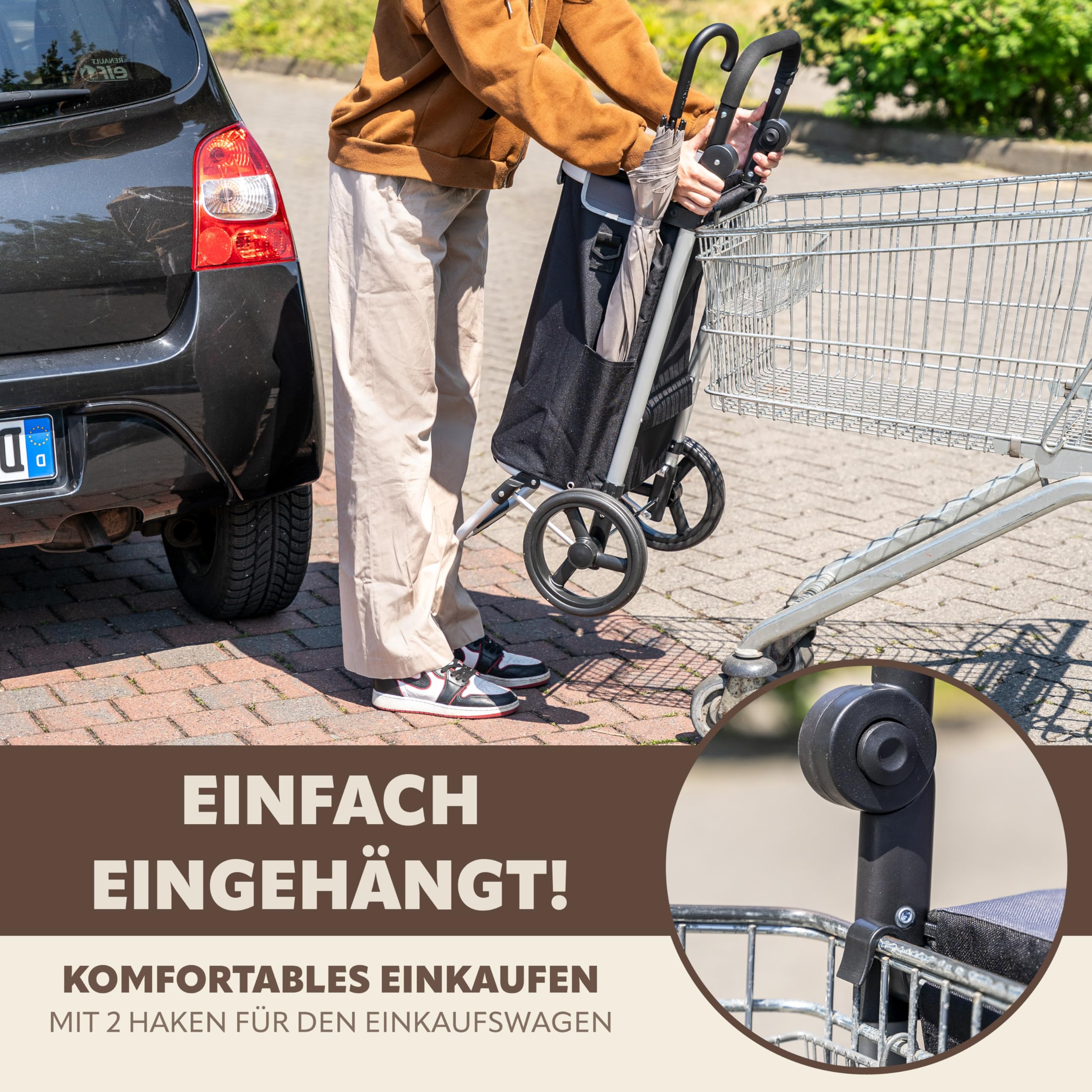 bremermann Einkaufstrolley JEEBEL, Handwagen, Einkaufswagen mit Abnehmbarer Tasche, Verstellbarer Griff (Schwarz)