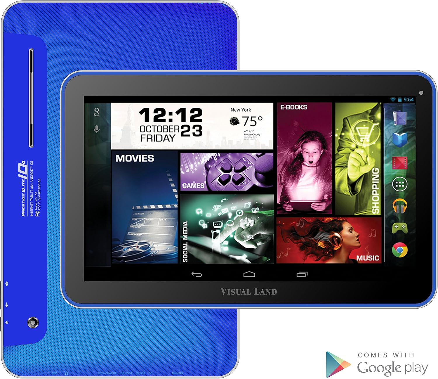 Prestige ELITE 10Q-KC - 10.1" Quad Core 16GB Android Tablet with Keyboard Case, KitKat4.4 OS, 1024x600 HD Touch Screen, Google Play (Blue)