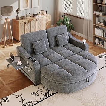 Oversized Chaise Lounge Chair Indoor with Ottoman, Chenille Tufted Comfy Recliner Loveseat Sofa Chair with Adjustable Backrest & Side Table, Convertible Sleepr Couch Bed for Living Room60"W, Grey