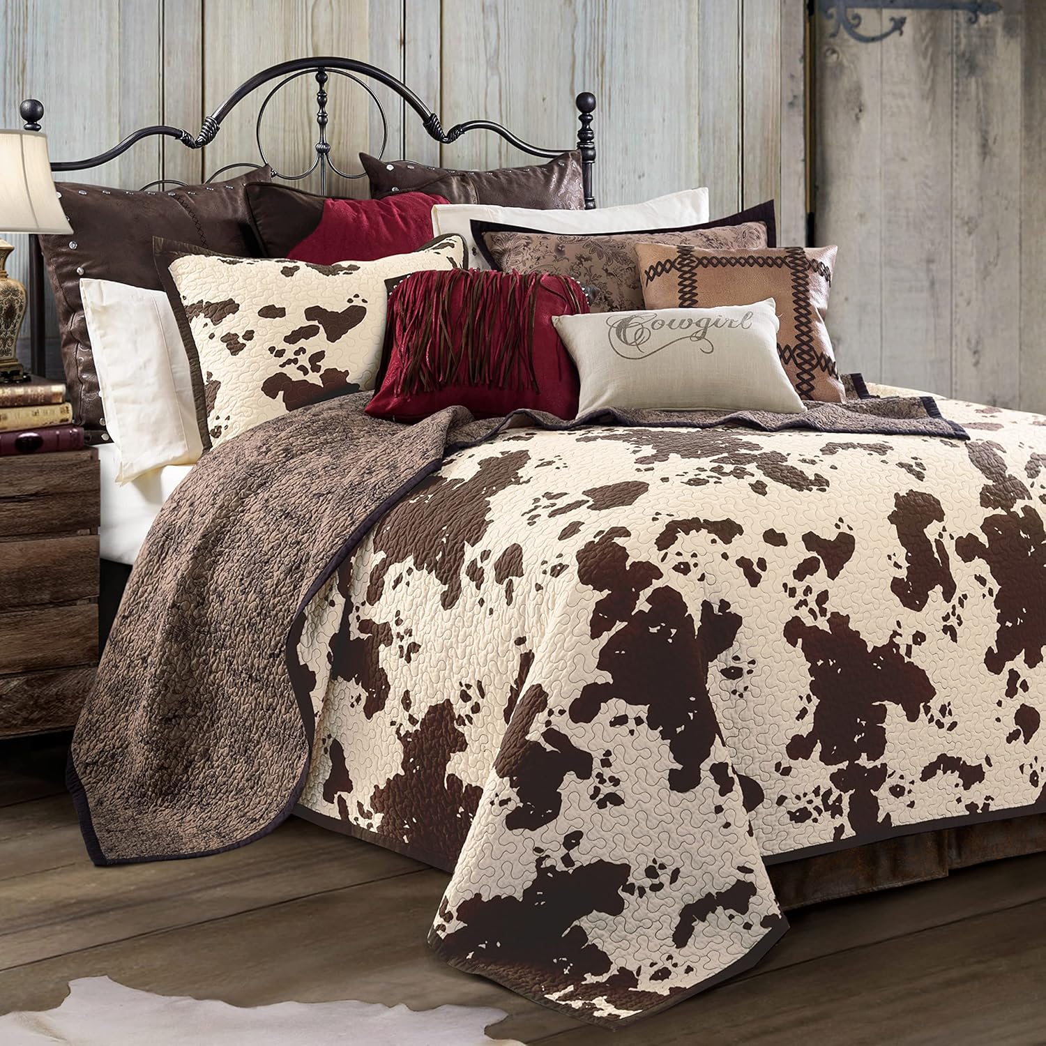 Paseo Road Elsa King Cotton Quilt Set, 3 Piece Western Bedding Set with Pillow Shams, Brown Cow Print Reversible Quilt, Soft Cozy Rustic Farmhouse Bedding, Lightweight Quilt, Southwestern Bedding