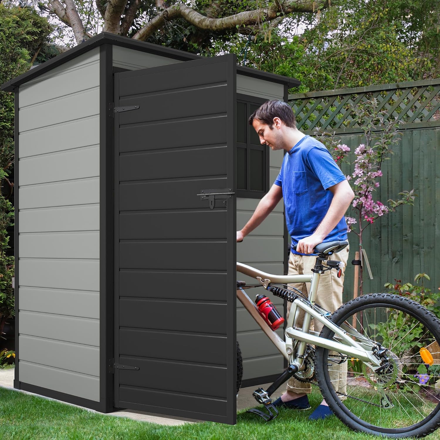 DWVO 6x4 FT Resin Storage Shed with Reinforced Floor, Outdoor Storage Shed with Lockable Door, Window and Vents, Waterproof Plastic Tool Storage for Garden, Backyard, Patio, Lawn(Blue-Gray+Black) DWVO 6x4 FT Resin Storage Shed with Reinforced Floor, Outdoor Storage Shed with Lockable Door, Window and Vents, Waterproof Plastic Tool Storage for Garden, Backyard, Patio, Lawn(Blue-Gray+Black)