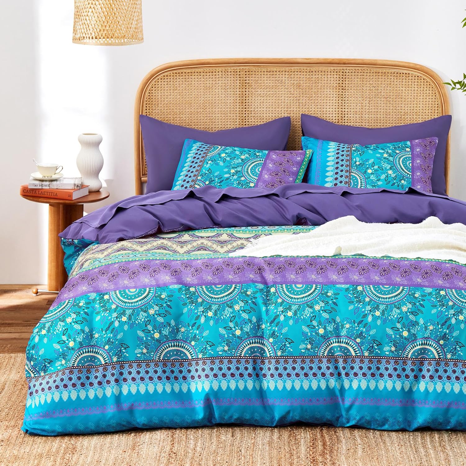 Wake In Cloud - Boho Comforter Set, Bohemian Chic Colorful Medallion with Geometric Botanical Flowers and Horizontal Stripes, Soft Lightweight Bedding, 3 Pieces, Teal Plum, King Size