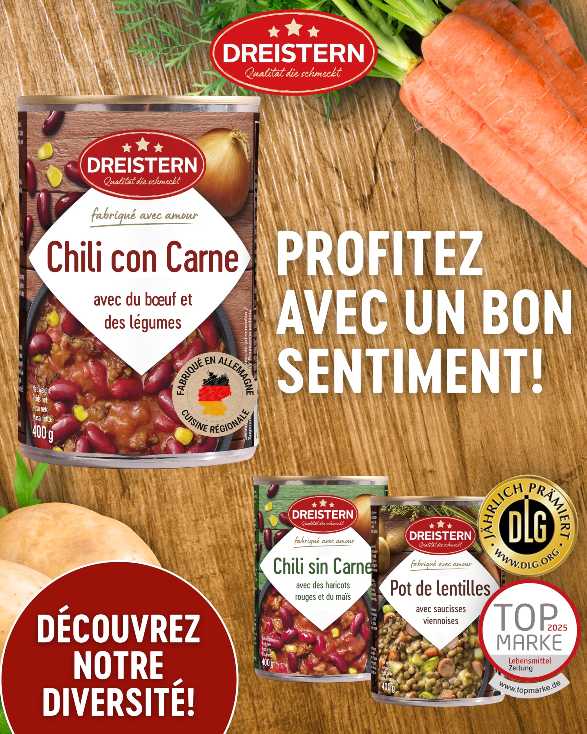 DREISTERN Chili con Carne 400g - Avec bœuf & légumes - Chili hyperprotéiné aux valeurs nutritives de qualité - Longue conservation & sans conservateurs ajoutés - Qualité maison