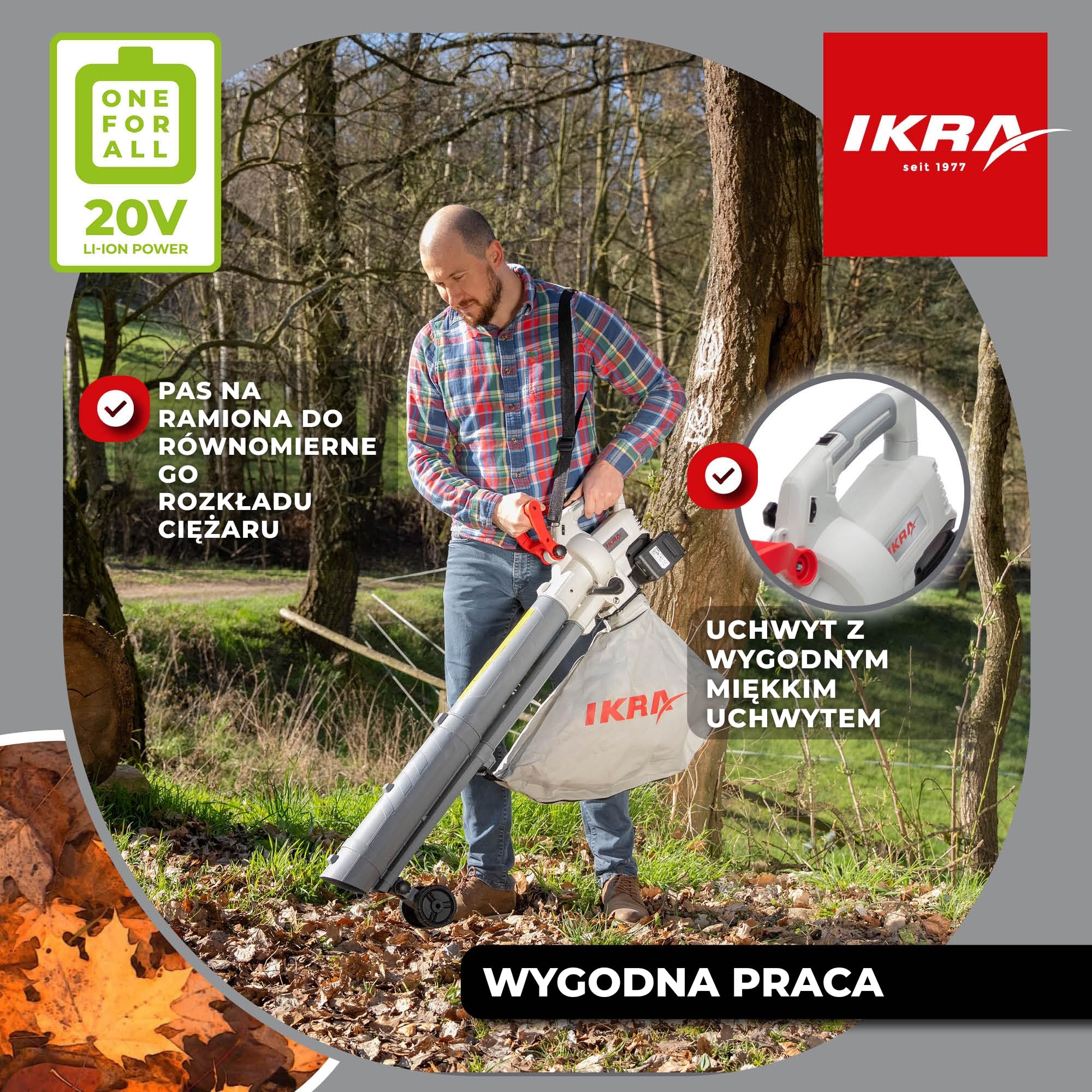 IKRA Odkurzacz i dmuchawa do liści IALS 2-20, z 2 akumulatory i ładowarka | Funkcja ssania i dmuchawy z przełącznikiem, do 210 km/h, worek 45 l, pas naramienny, system akumulatorowy IKRA 20V