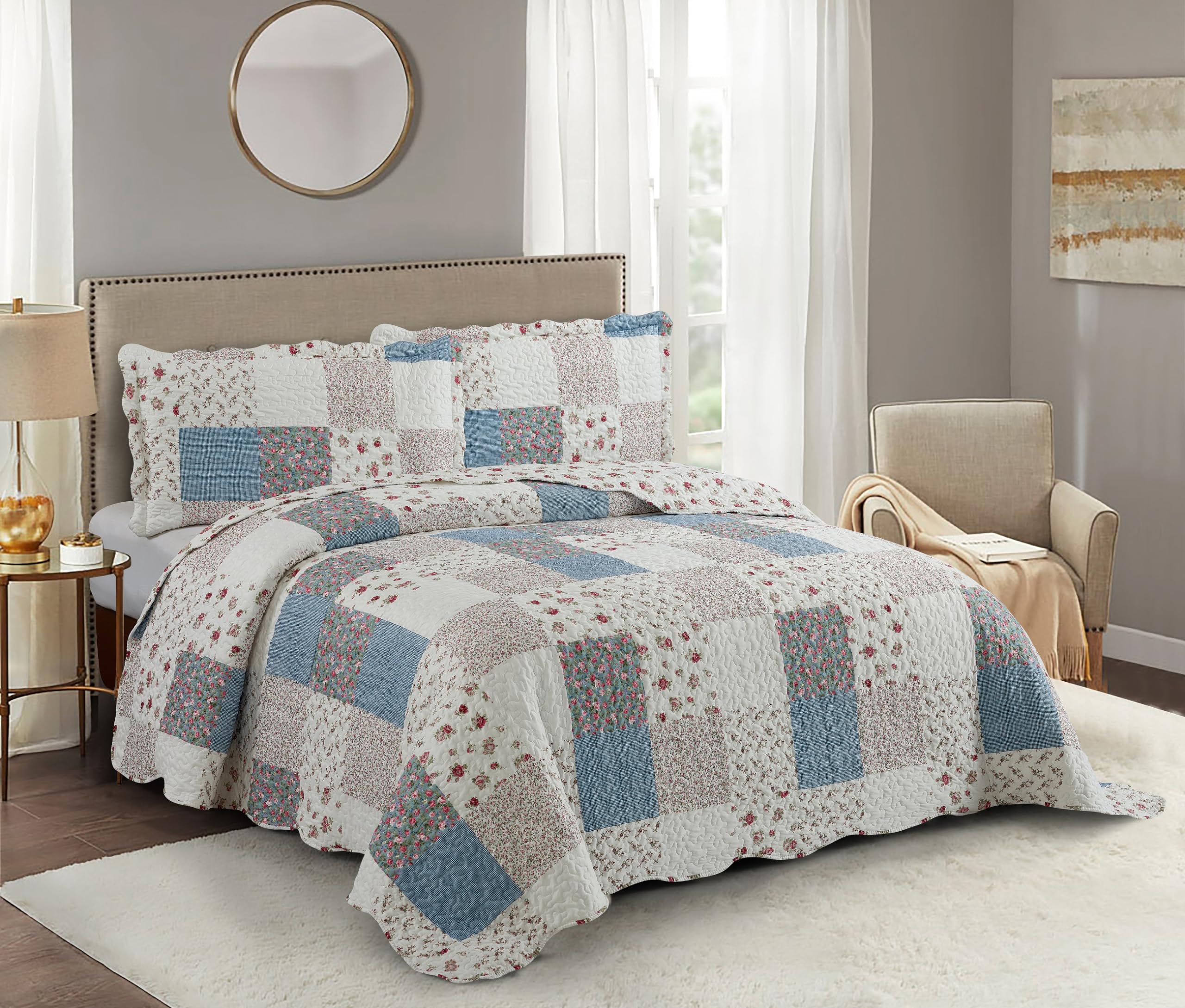 Brilliant Sunshine Pink Roses with Small Blue Checks Quilt, King Size | Patchwork Design, Reversible Bedspread, Soft Lightweight Coverlet with Shams, Washable Bedding Set, All Seasons, 108"x90"-image-25