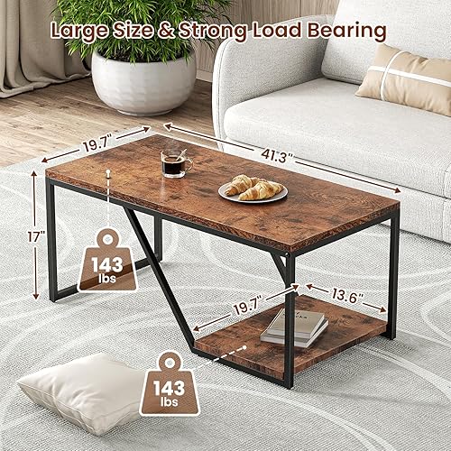 Miniatura 2 de Mesa de centro rústica rectangular industrial de 2 niveles para sala de estar, espacios pequeños, mesa central de sala de estar con estante de