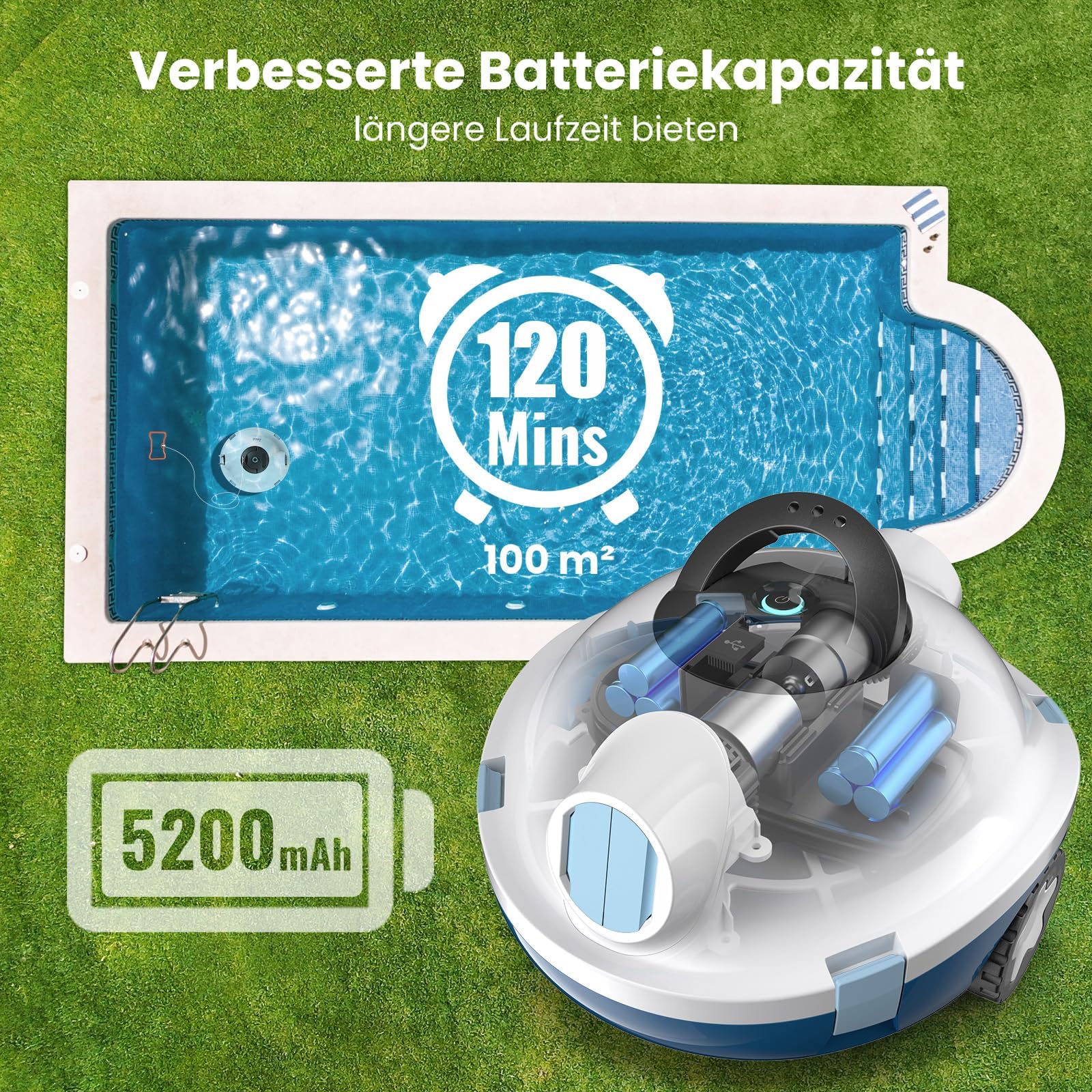 Poolroboter, kabelloser Poolsauger, Schnurloser Roboter-Poolreiniger, automatischer, leistungsstarker Poolsauger, 120 Minuten Laufzeit, selbstparkend, ideal für Flache Böden bis 100 m²(Weiß)