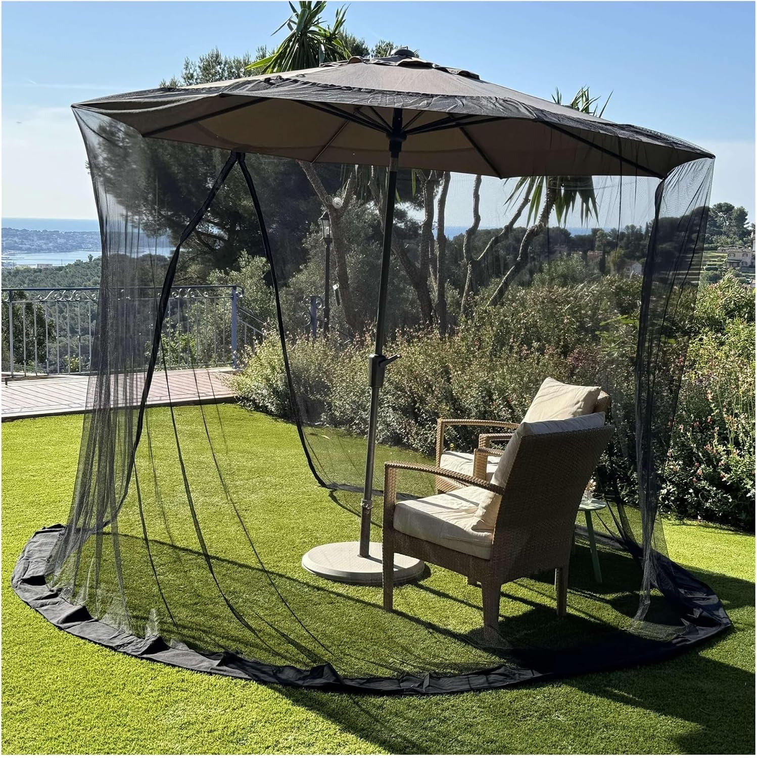 Mosquito Net for Umbrella 7.5x9.8 ft, Insect House Screen Netting for Patio, Porch & Garden Terrace,Zipper Door and Adjustable Rope,Fits Straight & Banana Umbrella(Black,7.5x9.8 ft(Banana))