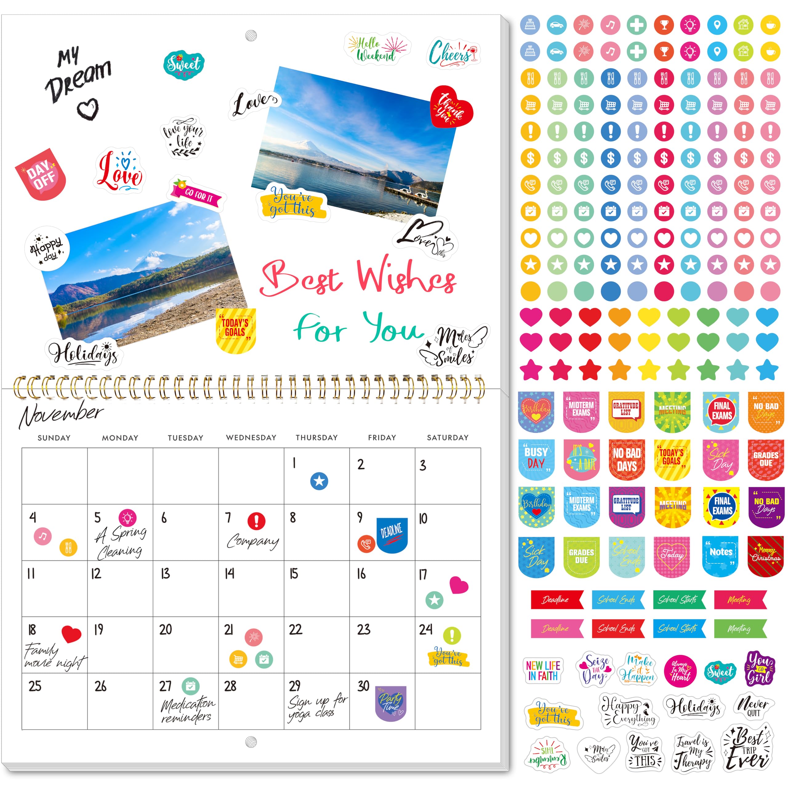 Blank Scrapbook Wall Calendar, Spiral-Bound Hanging Monthly Calendar, DIY Blank Calender with 400 Stickers for Office, Home, Kids, Adults (12" x 9" closed,18" x 12" open size)