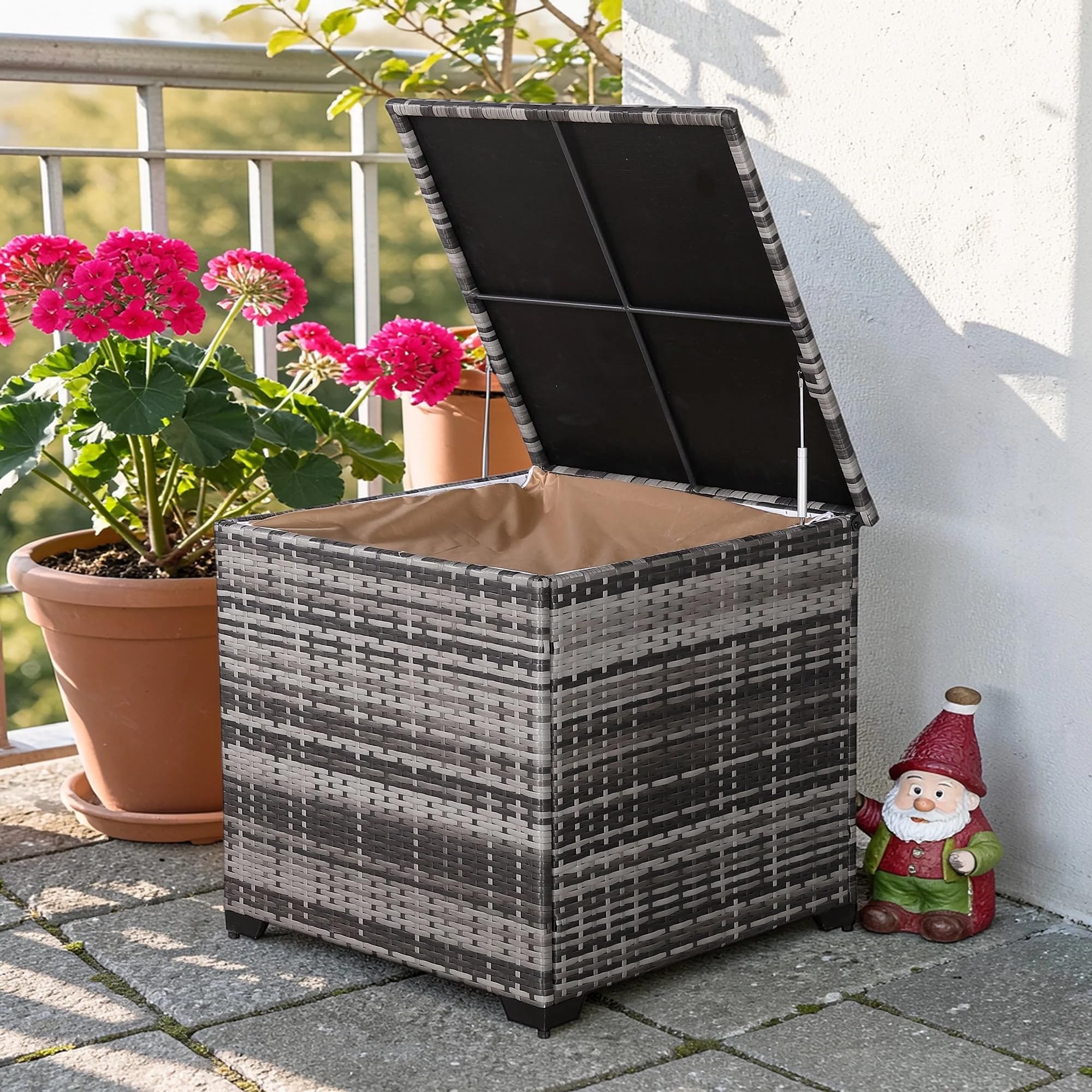 Rattan park Outdoor Wicker Storage Box, Grey Rattan Deck Box with Lid, Waterproof Garden Cushion Container (Grey, 75x75x70 CM)