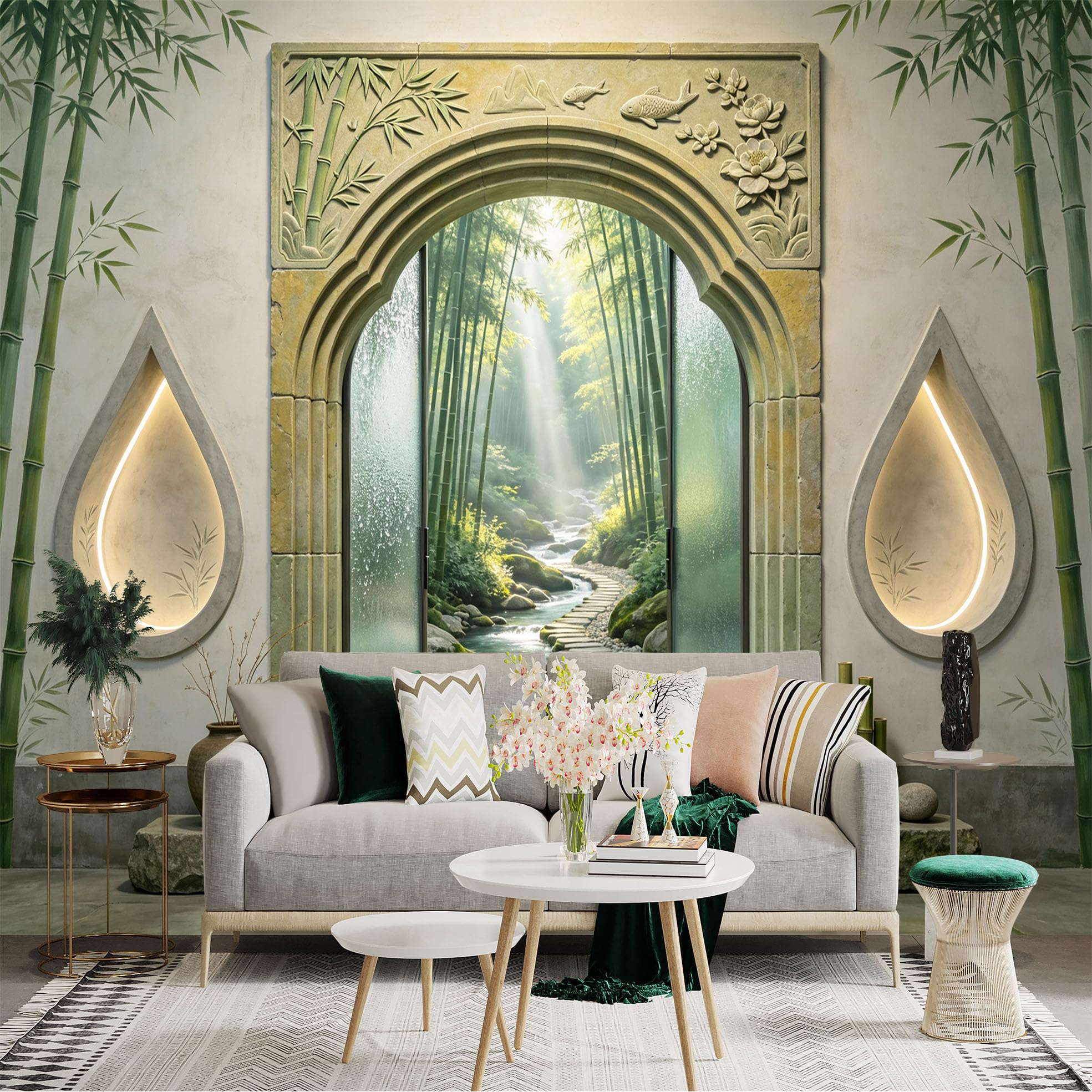 Custom Size Wall Sticker Mural， Zen Bamboo Forest Path and Stream Archway， for wall Decoration， peelandstick wall Decals.