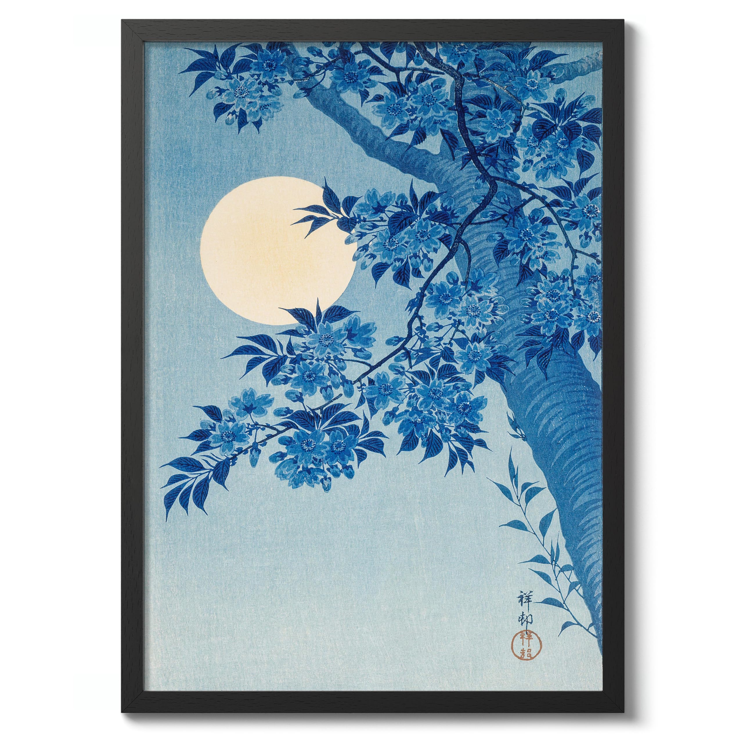 Animato Blossoming Cherry On A Moonlit Night Japanese Woodblock Print, Vintage Aesthetic Poster Japan Wall Art Exhibition Ukiyo-E Home Decor, Archival Matte, 50x70cm (Black Frame) - 50x70cm