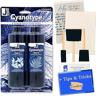 Cyanotype Kit for Sun Print Paper, Bundled w/ 20 Sheets of 320gsm Handmade Artist's Paper, Foam Brushes & Tips Sheet - Make Your Own Light Sensitive Paper, Sunography, Solar Prints - Creative Crafters