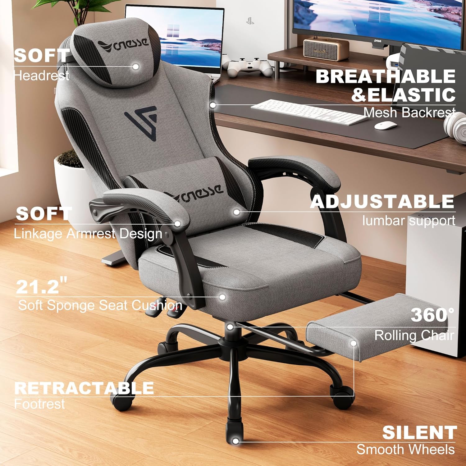 Vonesse Gaming Chair, Office Chair with Linen Breathable Mesh Fabric, Desk Chair with Lumbar Support and Massage, Executive Computer Chairs with Footrest and Headrest (Gray)