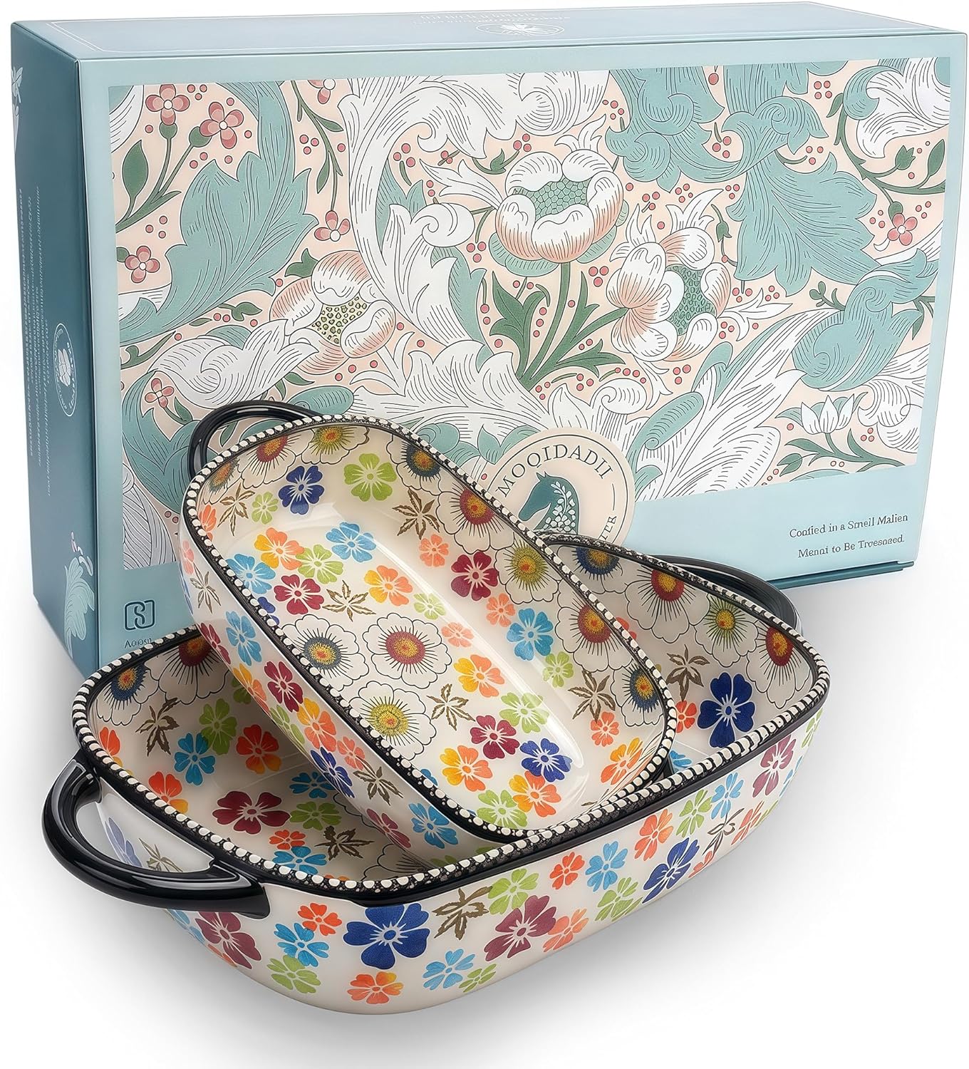 Polish Pottery Style Ceramic Baking Dish Set, 2-Piece Casserole Bakers for 2–3 People, Floral Decorative Bakeware, Oven Safe Lasagna Pan, Microwave Dishwasher Safe, Gift-Ready, Protective Packaging