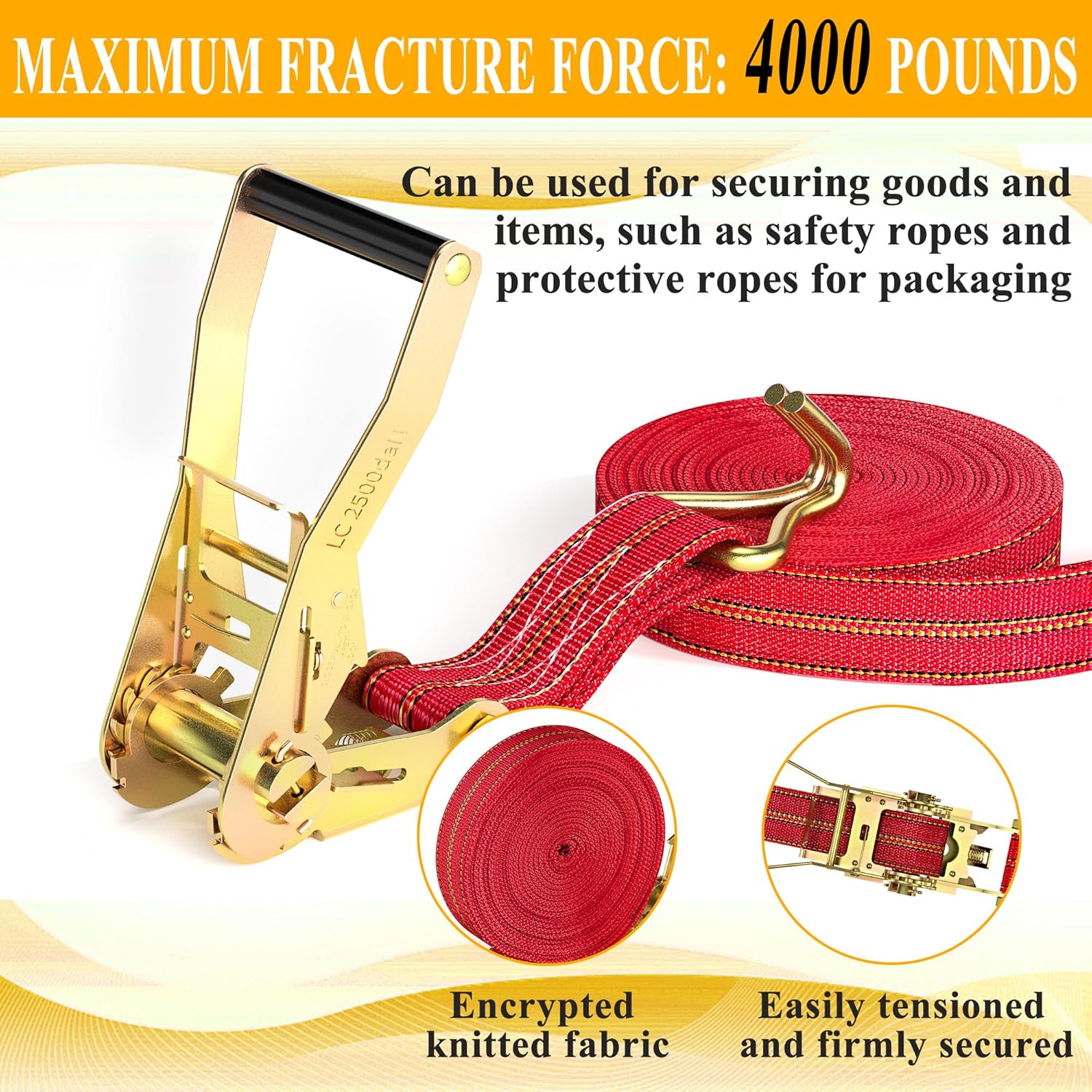 2Pack Ratchet Straps Heavy Duty, 2” 32Ft Tie Down Straps Ratchet, Tie Down Ratcheting with Double J Hook, 4000 LB Break Strength Cargo Strap Ratcheting for Moving, Trailers, Motorcycles and Car Roof - Image 4