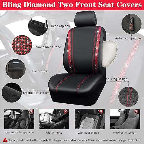 Miniatura 226 de CAR PASS Funda de asiento trasero de cuero y diamantes de imitación brillantes, impermeable, diseño de diamante brillante, ajuste universal, tiras