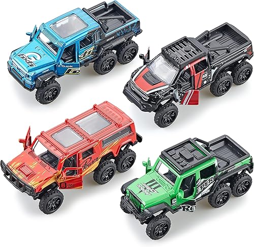 KIDAMI Diecast - Juego de 4 camiones de juguete para puertas abiertas juguetes para coche todoterreno regalo de cumpleaños para niños y niños