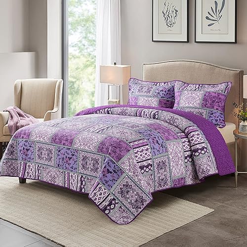 Vista 6 de NEWLAKE - Juego de colcha de algodón - Juego de cubrecama reversible con diseño de patchwork, patrón bohemio clásico - King, morado Púrpura Clásico