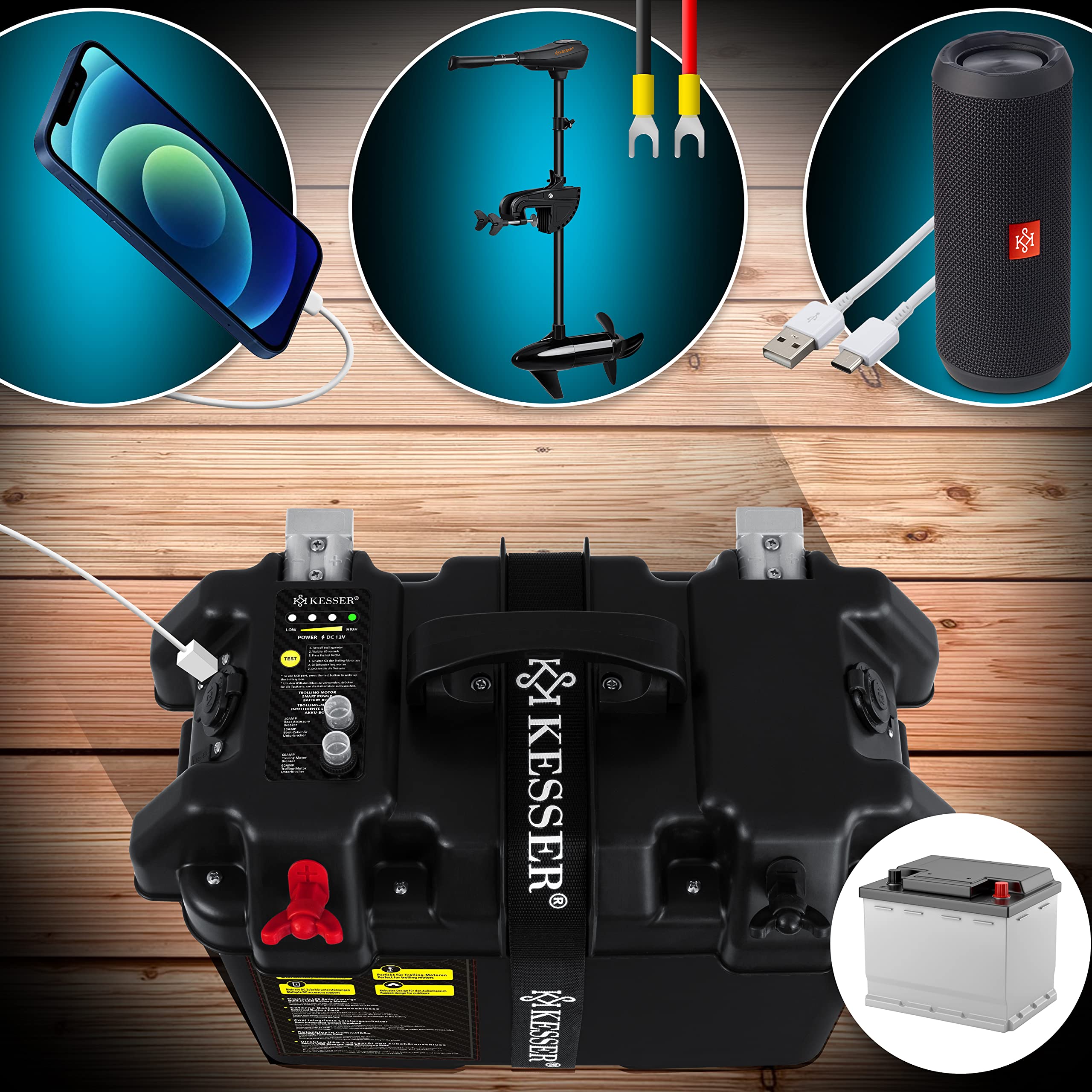 KESSER® Scatola per Batteria per Motore da Barca, Motore Elettrico, Gonfiabile, avviatore Esterno, Camper, Scatola Batteria USB e connettore da 12 V, Batteria accendisigari, indicatore LED
