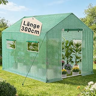 Begehbares Gewächshaus Winterfest, 3x2x2m Grün, Feuerverzinkter Stahlrahmen, Isoliertes Foliengewächshaus, Überwinterungszelt für Pflanzen, Gartenhäuschen für Balkon & Garten