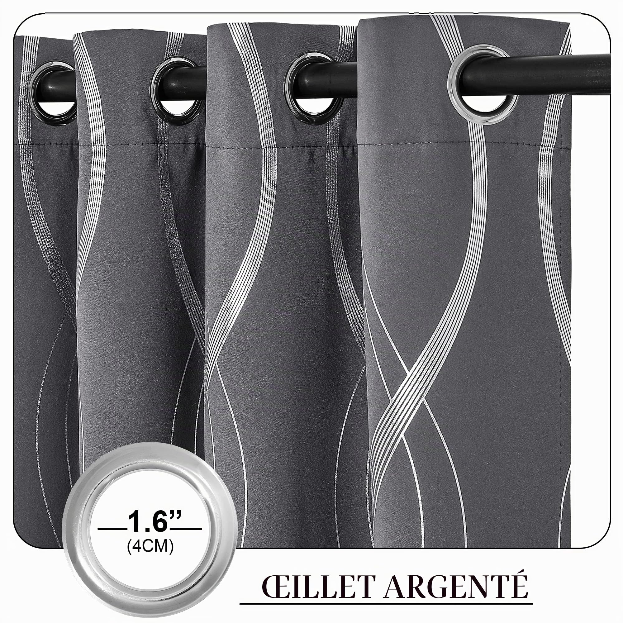 Pony Dance Rideau Thermique Isolant - Rideaux Occultant Décoration de Fenêtre Rideaux Opaque Motif Argenté à Oeillets Économie d'Énergie pour Chambre, L140 sur H 245cm, Gris, 2 Pièces