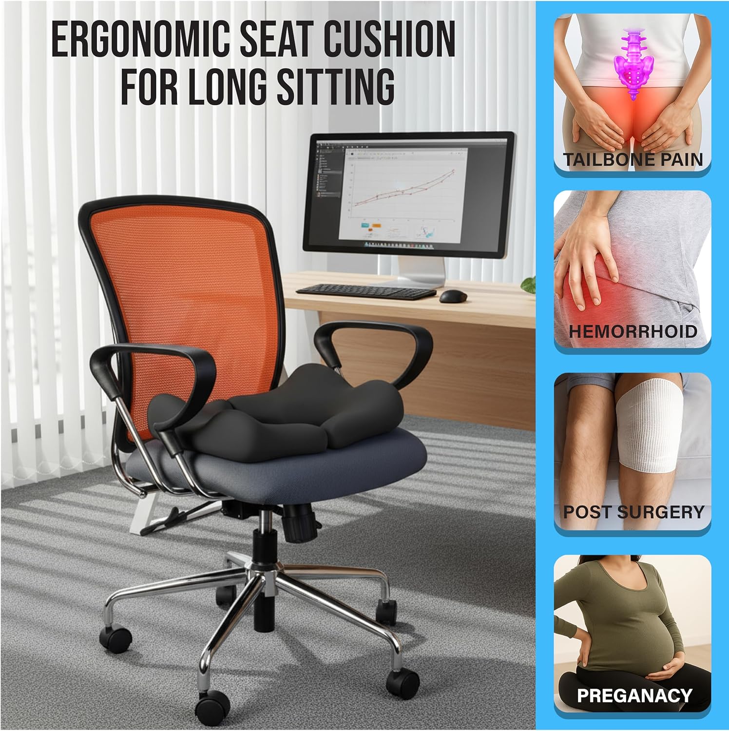 Memory Foam Bed Sore Cushion with T-Shaped Cutout – Pressure Relief Pillow for Tailbone, Coccyx & Butt | Dual-Piece Design with Massage Tool & Washable Cover for Sitting or Lying (Black)