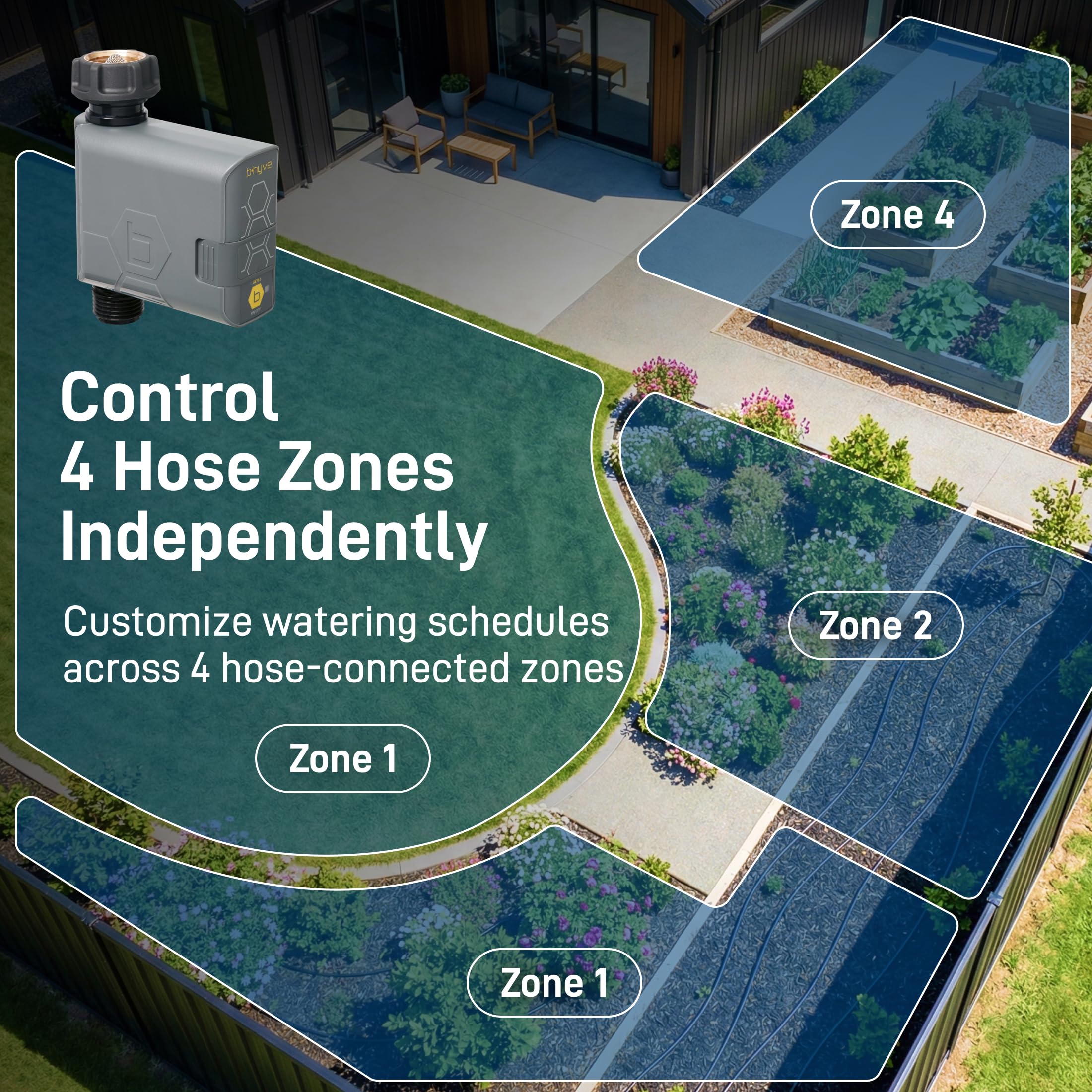 Orbit 21207 B-hyve Gen 2 Smart Hose Irrigazione Timer, confezione da 4 con hub Wi-Fi e collettore a 4 porte