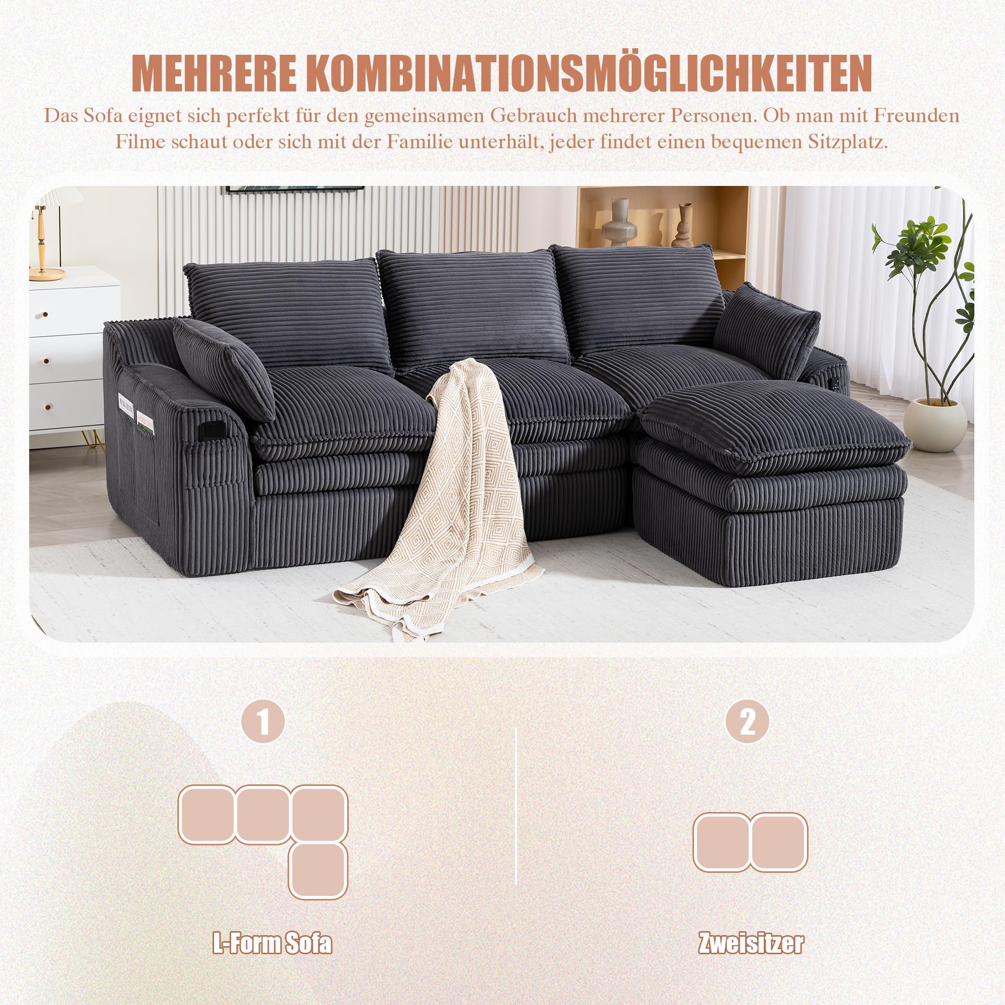 Divano modulare a 3 posti con sgabello, grigio scuro, cuscino incluso, 2 tasche laterali, schiuma a 3 strati, anima a molle, rimbalzo rapido, combinabile liberamente, ideale per soggiorno