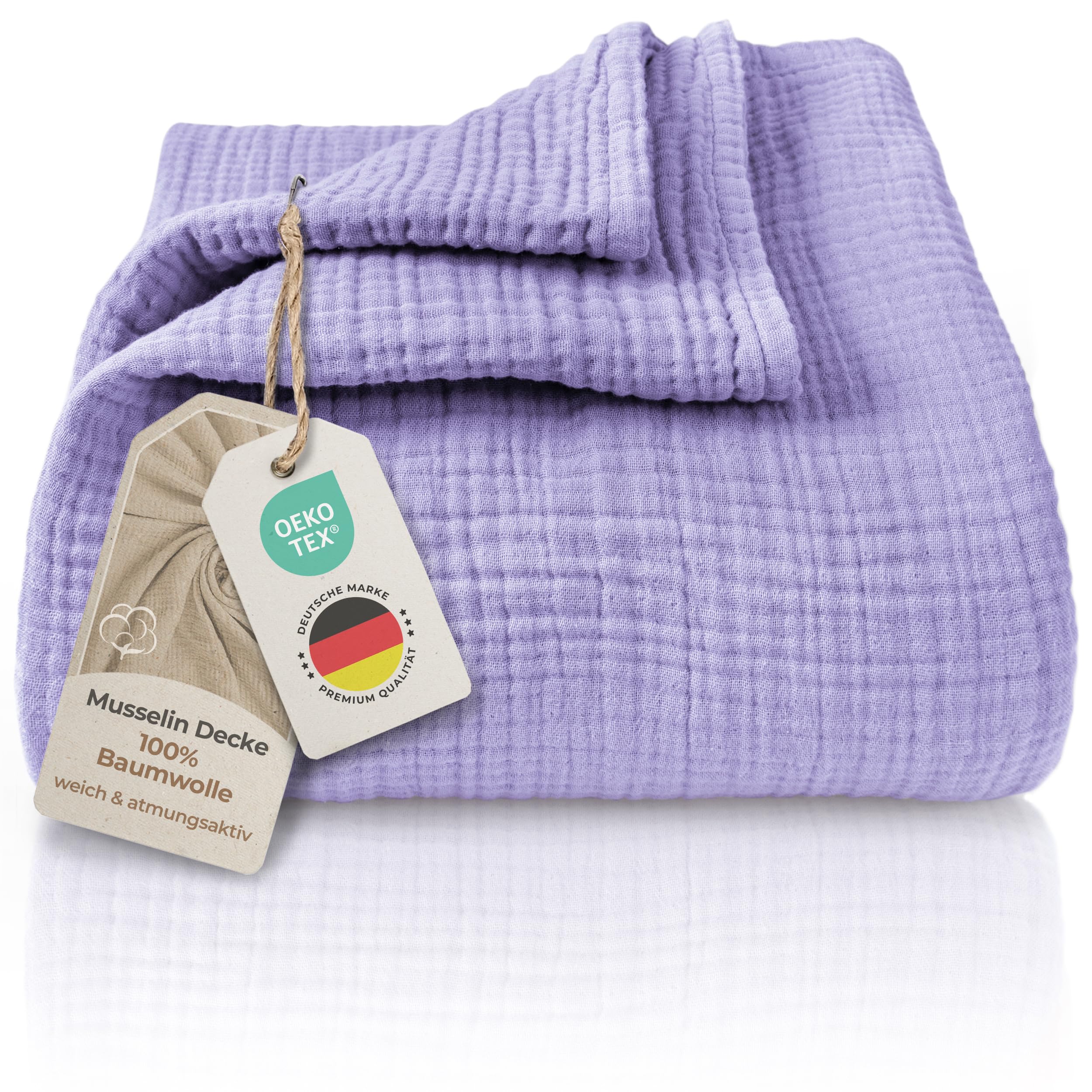 LAYNENBURG Premium Musselin Tagesdecke 180x220 cm - 100% Baumwolle - extraweiche Baumwolldecke als Kuscheldecke, Bett-Überwurf, Sofa-Überwurf, Couch-Überwurf - warme Sofa-Decke (Lavendel)