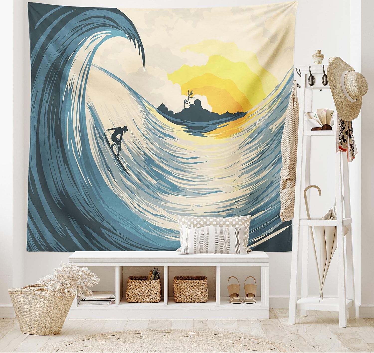 Ambesonne Ocean Tapestry, Illustration of Cloudy Sky Tropical Island Wave and Surfer at Sunset Seascape, Wide Wall Hanging for Bedroom Living Room Dorm, 60" X 40", Beige Yellow Navy