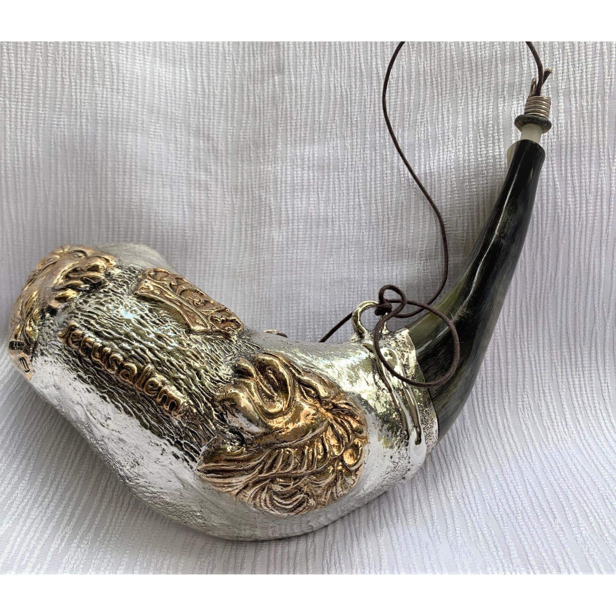 Wyprzedaż srebrny ram shofar 30 cm - 33 cm Mesjański lew Judy