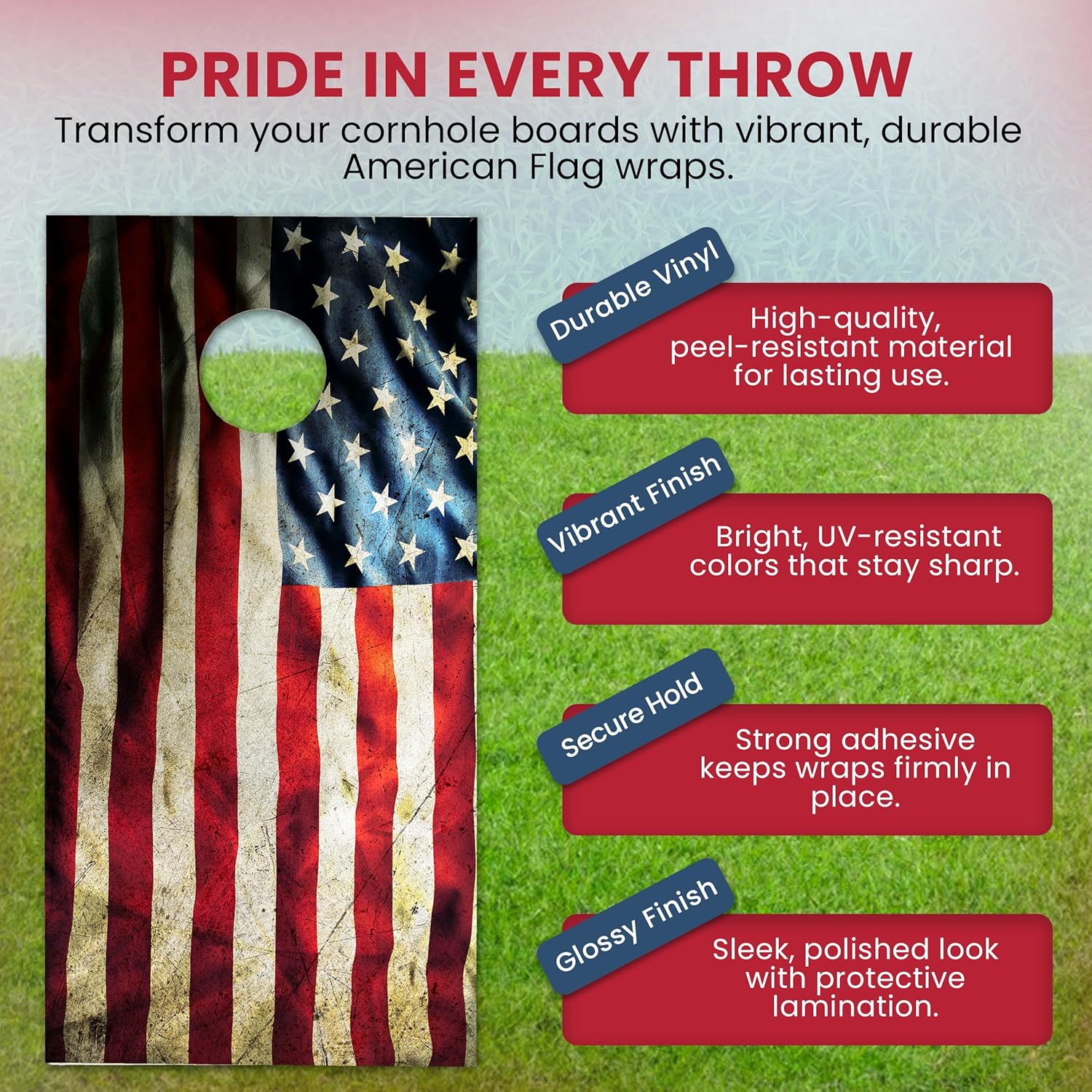 Pair of Corn Hole Wraps | American Flag Themed Cornhole Board Wraps Set | Corn Hole Decal Set 48.5x24.5in Waterproof 3M Vinyl Air Release | Laminated & Easy to Apply Wraps | Gift for Cornhole Lovers