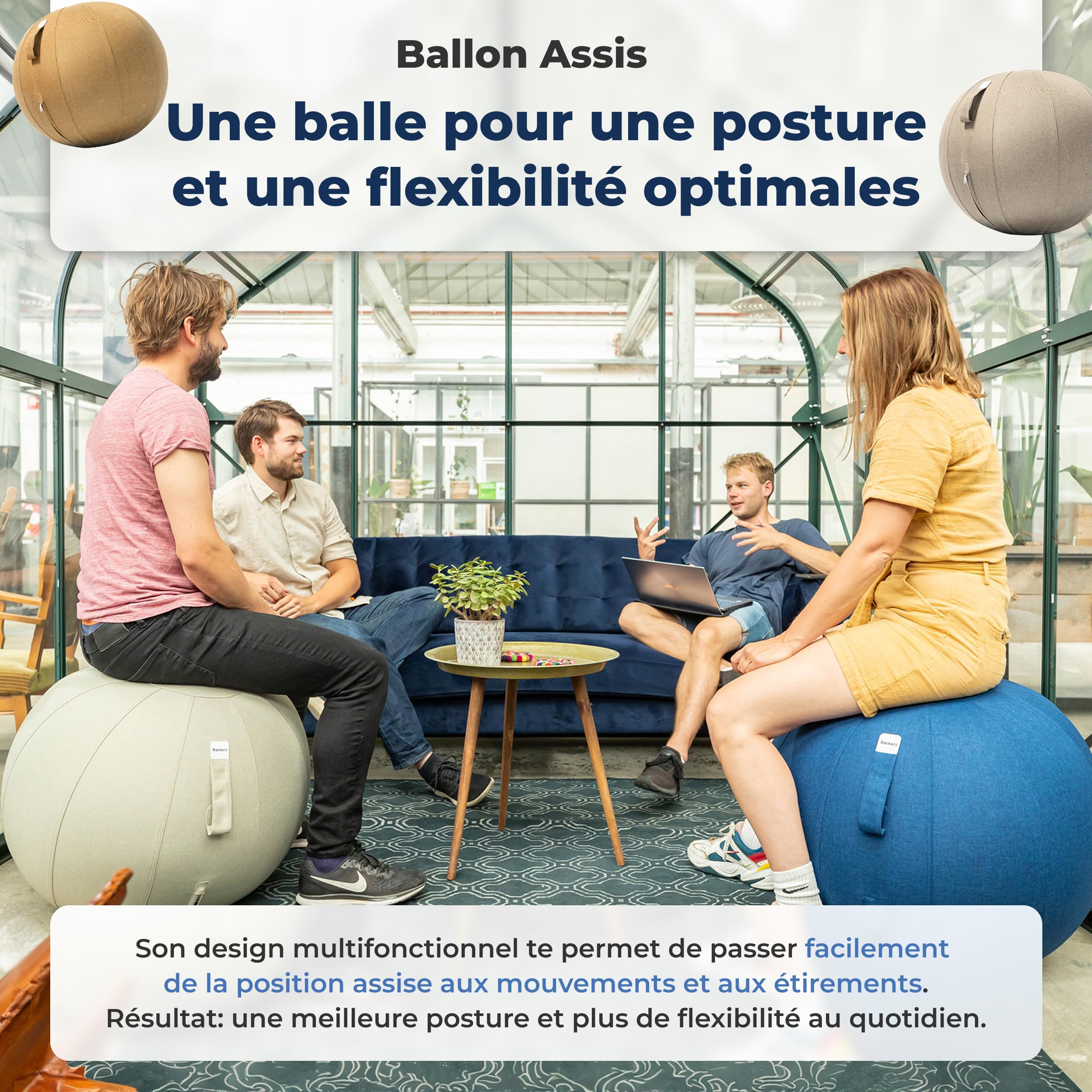 Ballon Ergonomique Bureau 55CM 65CM 75CM Capacité 110kg Housse Lin Lavable Bonne Posture