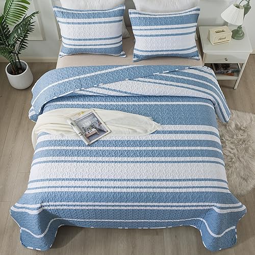 Andency Juego de edredón tamaño Queen de color caqui y blanco (90 x 96 pulgadas), 3 piezas (1 edredón estampado a rayas y 2 fundas de almohada),