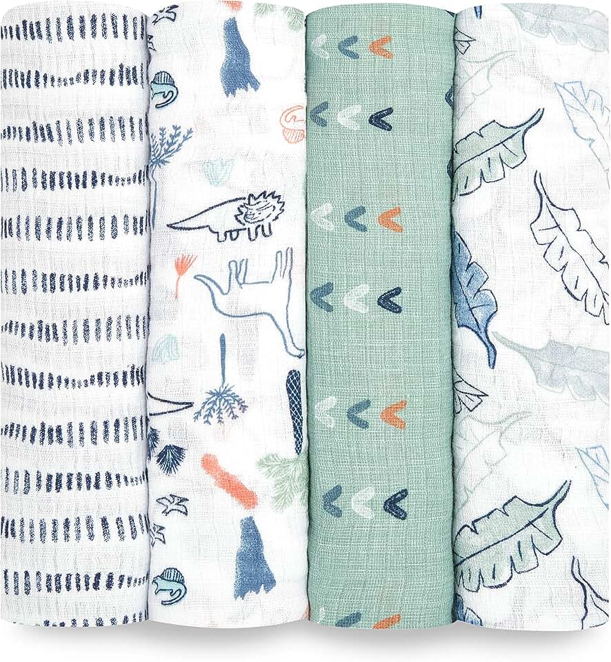 aden + anais Essentials Swaddle Blanket, Muslin Blankets for Girls & Boys, Baby Receiving Swaddles, Newborn Gifts, Infant Shower Items, Wearable Swaddling Set, 4 Pk, Dinotime