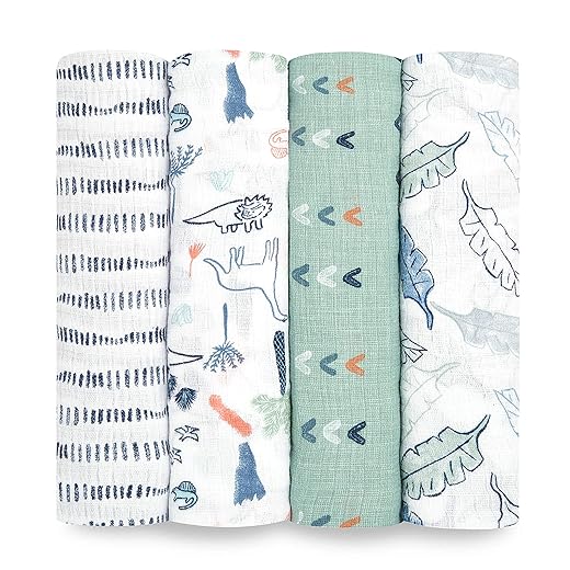 aden + anais Essentials Swaddle Blanket, Muslin Blankets for Girls & Boys, Baby Receiving Swaddles, Newborn Gifts, Infant Shower Items, Wearable Swaddling Set, 4 Pk, Dinotime