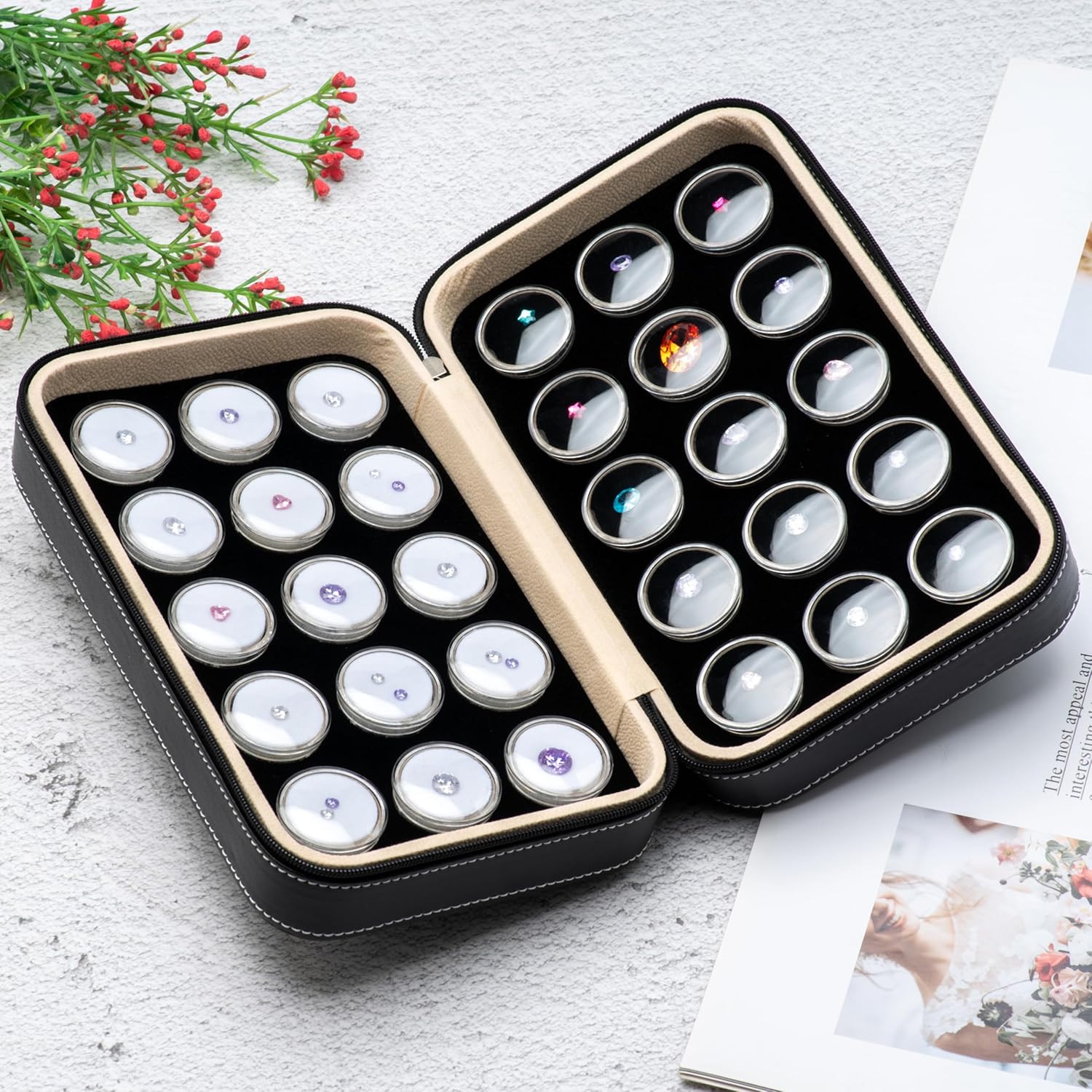 30 PCS Gemstone Display Collection Storage Box with Clear Lid for Gems Diamond and PU Leather Black Bag Holder Container (Black-30pcs)