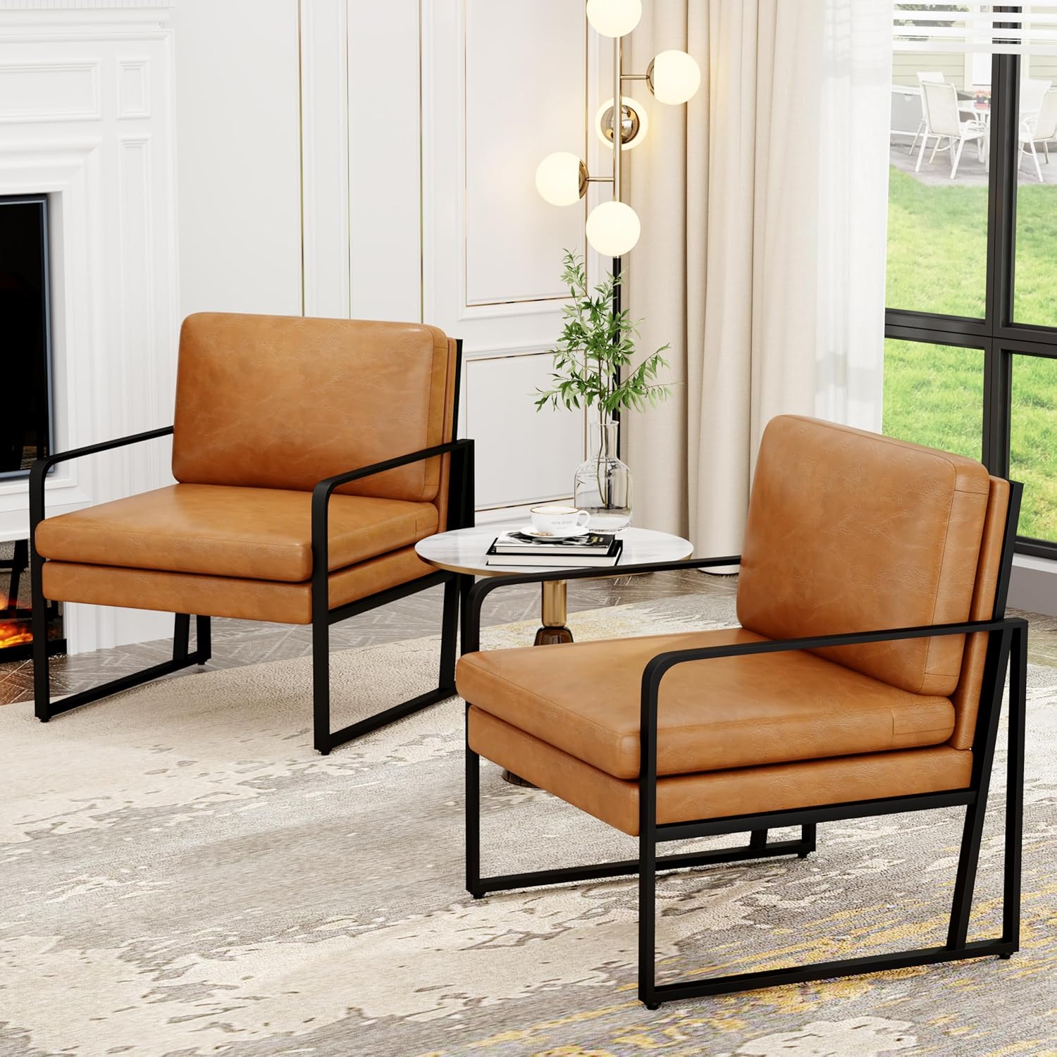 Set of 2 Brown Faux Leather Armchairs with Metal Frame