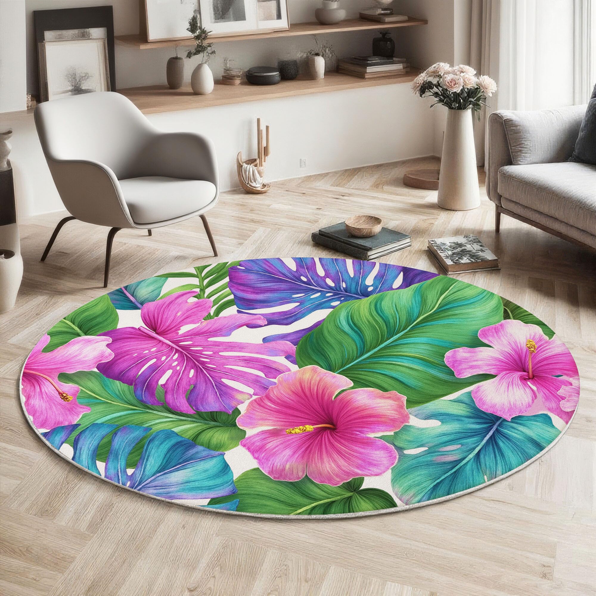 Tapis Rond Doux Fleurs Exotiques À Feuilles 120 Cm Grand, Lavable Machine Tapis Rond À Poils Courts Antidérapant Plantes Tropicales Rose Vert Pour Salons Chambres À Coucher Chambres D'Enfants