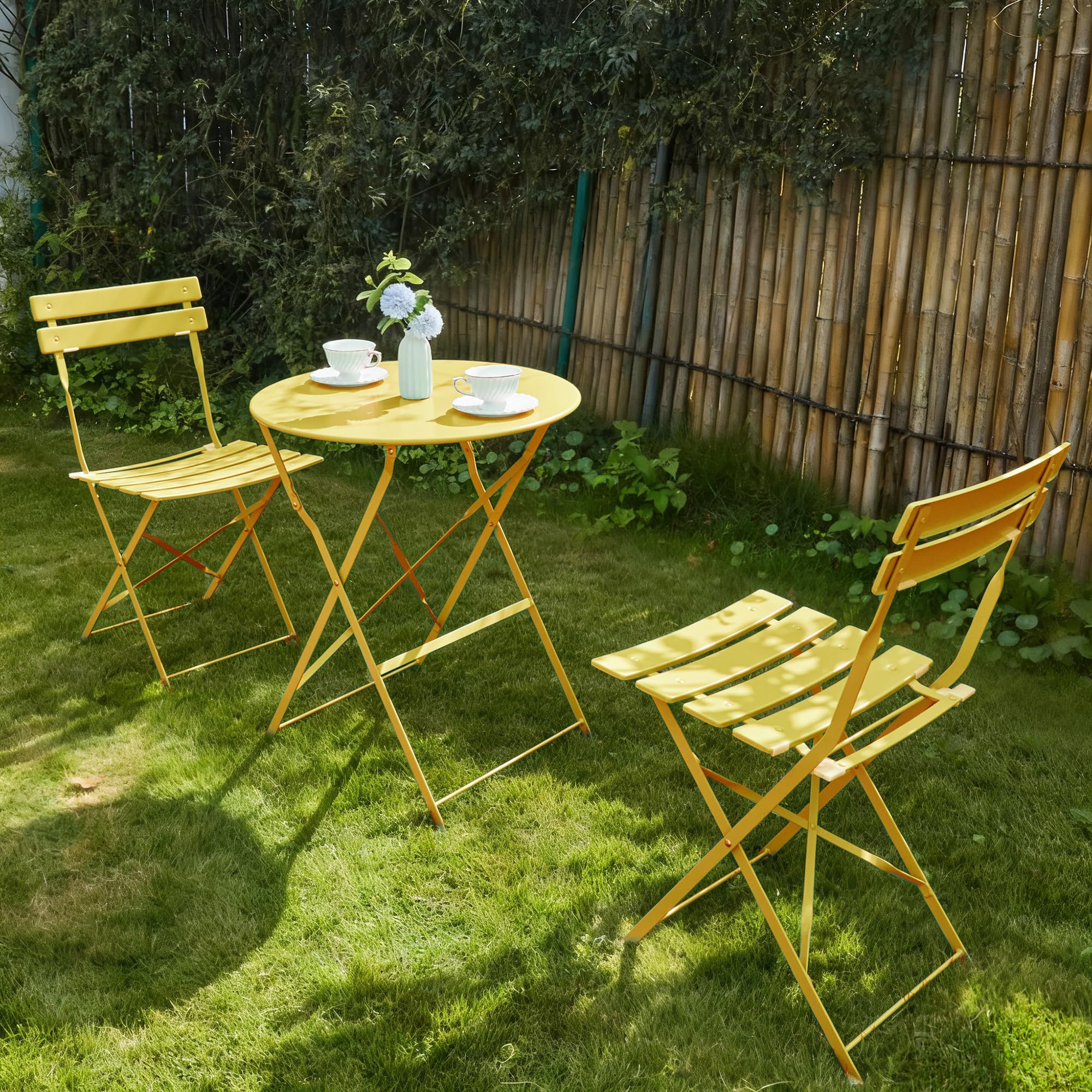 RELAX FIELD 3 Piece Bistro Set, Folding Patio Furniture Set, Outdoor Table and Chairs Set for Patio, Garden, Balcony and Poolside, Yellow